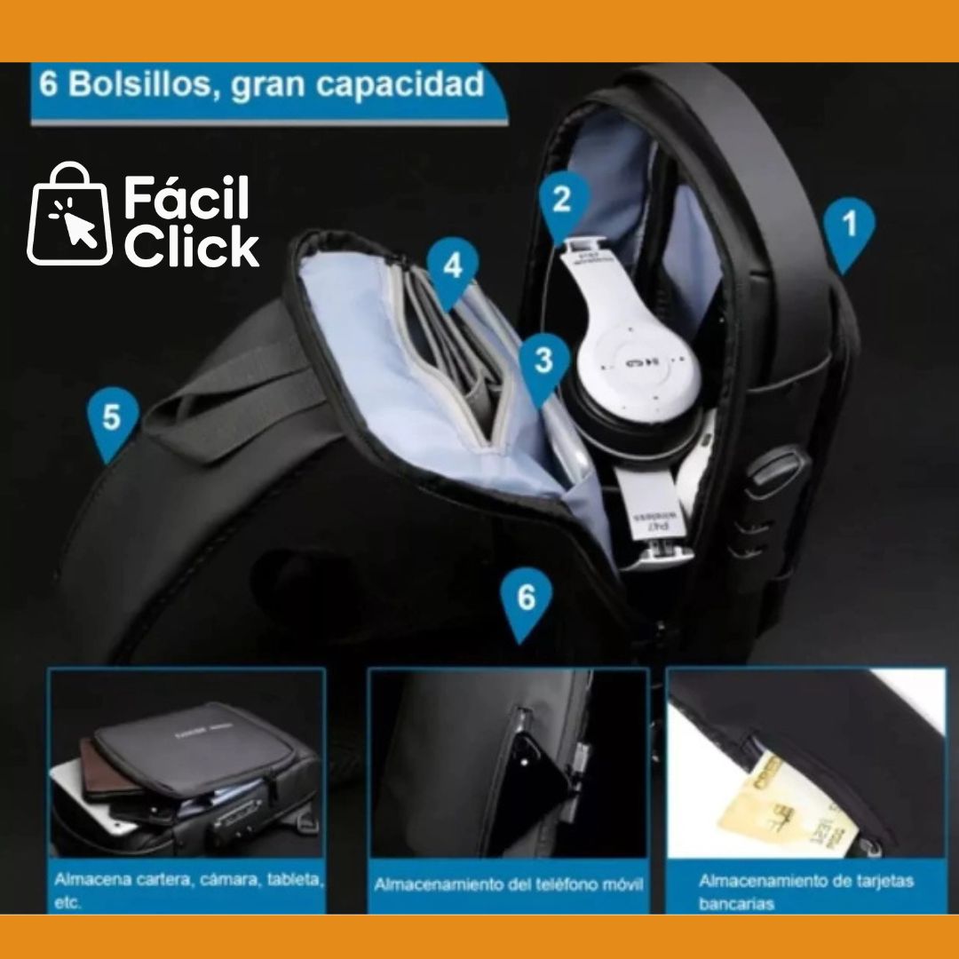 Mochila Cruzada ANTIRROBO con Carga Rápida Usb